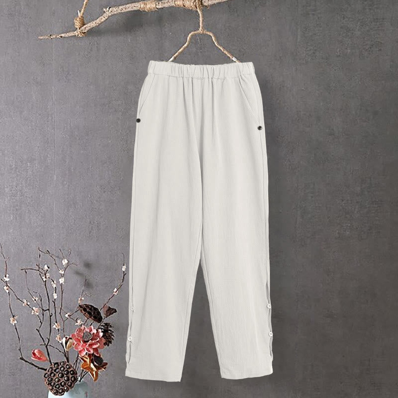 Pantalon décontracté en coton et lin pour femme, couleur pure, Buddha Stones boutons creux et poches