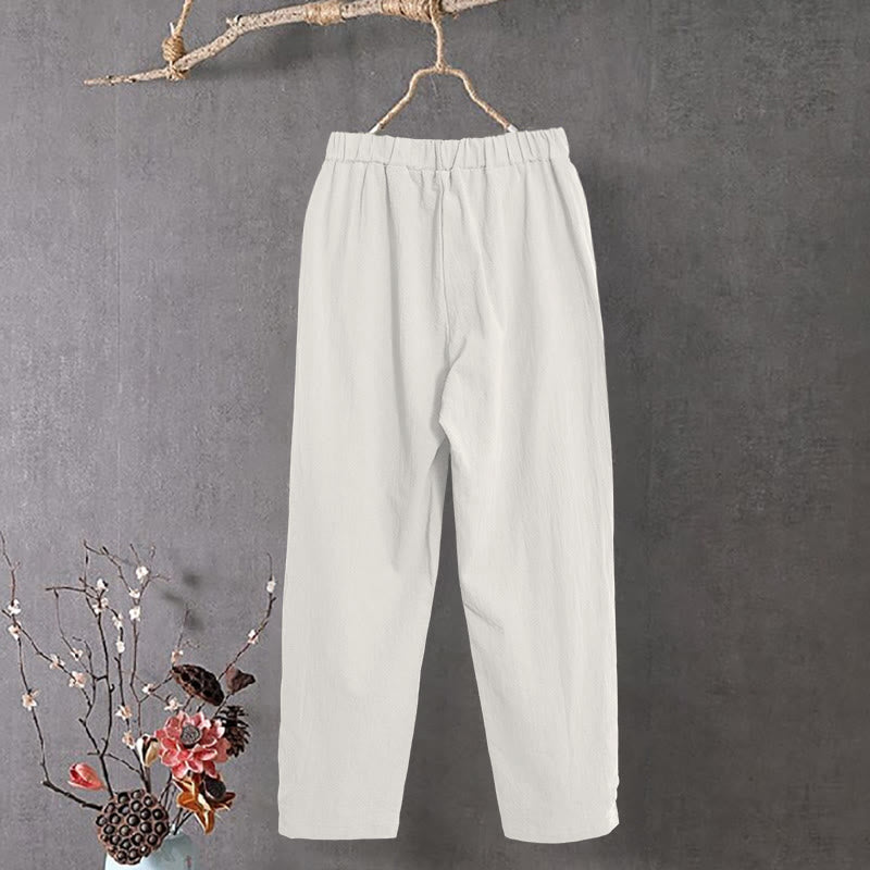 Pantalon décontracté en coton et lin pour femme, couleur pure, Buddha Stones boutons creux et poches