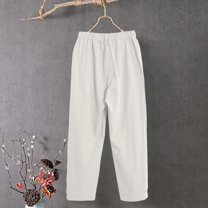 Pantalon décontracté en coton et lin pour femme, couleur pure, Buddha Stones boutons creux et poches