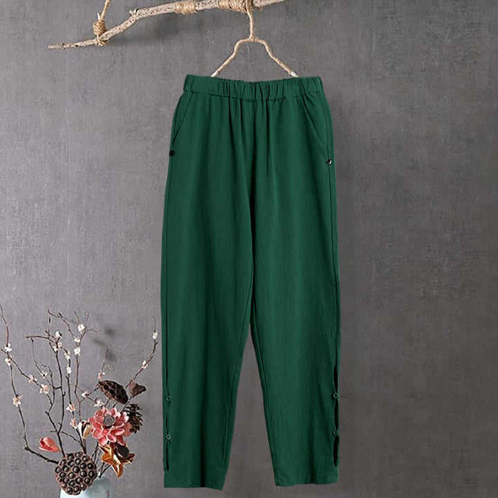 Pantalon décontracté en coton et lin pour femme, couleur pure, Buddha Stones boutons creux et poches