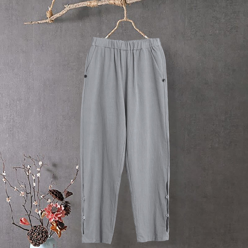 Pantalon décontracté en coton et lin pour femme, couleur pure, Buddha Stones boutons creux et poches