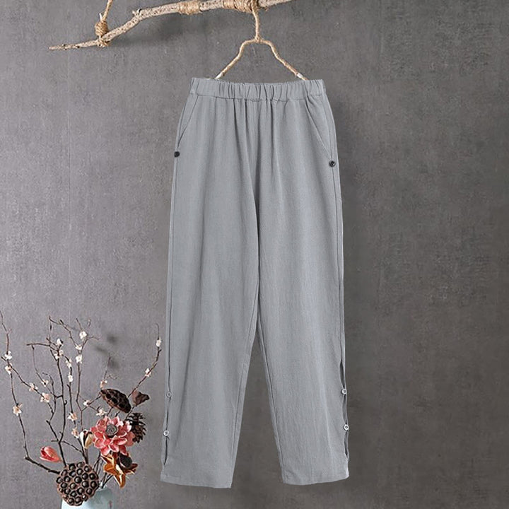 Pantalon décontracté en coton et lin pour femme, couleur pure, Buddha Stones boutons creux et poches
