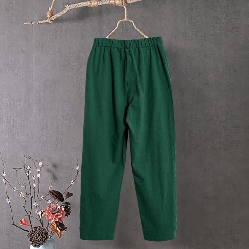 Pantalon décontracté en coton et lin pour femme, couleur pure, Buddha Stones boutons creux et poches