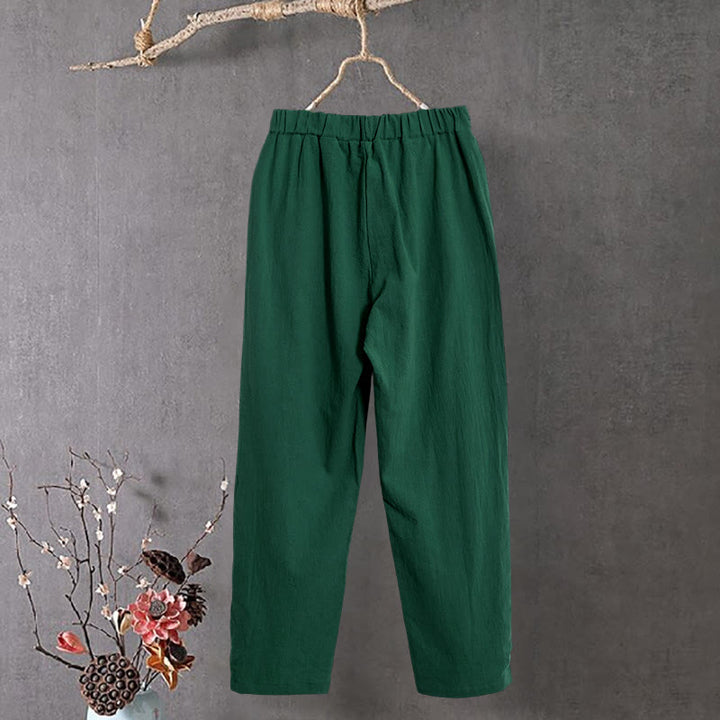 Pantalon décontracté en coton et lin pour femme, couleur pure, Buddha Stones boutons creux et poches