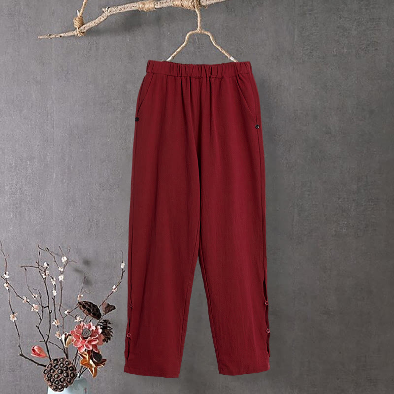 Pantalon décontracté en coton et lin pour femme, couleur pure, Buddha Stones boutons creux et poches