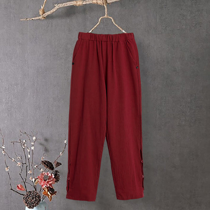 Pantalon décontracté en coton et lin pour femme, couleur pure, Buddha Stones boutons creux et poches