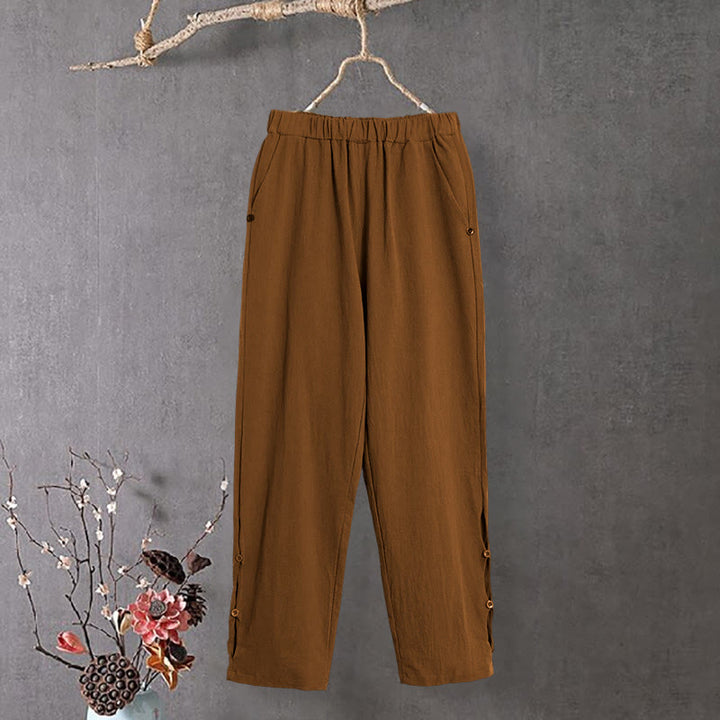 Pantalon décontracté en coton et lin pour femme, couleur pure, Buddha Stones boutons creux et poches
