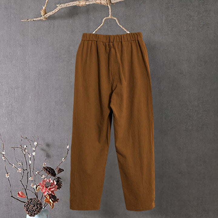 Pantalon décontracté en coton et lin pour femme, couleur pure, Buddha Stones boutons creux et poches