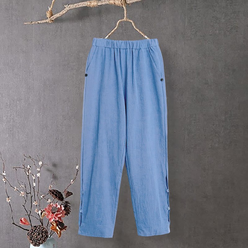 Pantalon décontracté en coton et lin pour femme, couleur pure, Buddha Stones boutons creux et poches