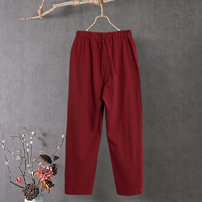 Pantalon décontracté en coton et lin pour femme, couleur pure, Buddha Stones boutons creux et poches