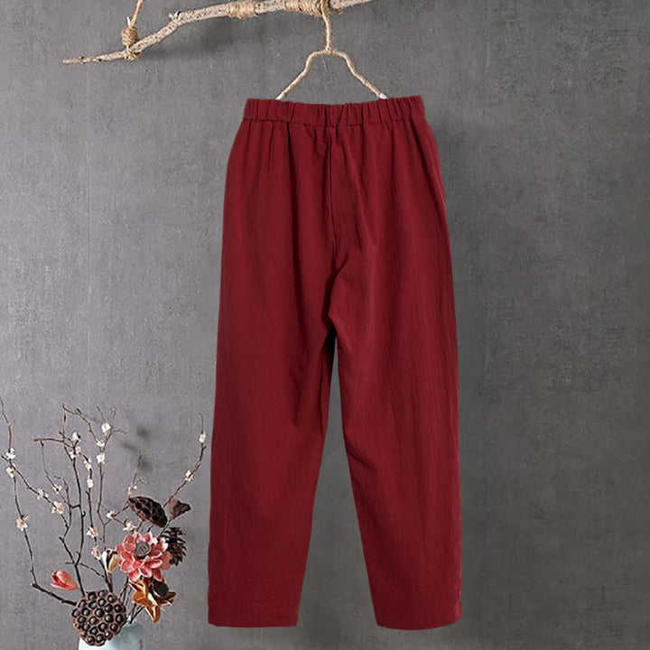 Pantalon décontracté en coton et lin pour femme, couleur pure, Buddha Stones boutons creux et poches