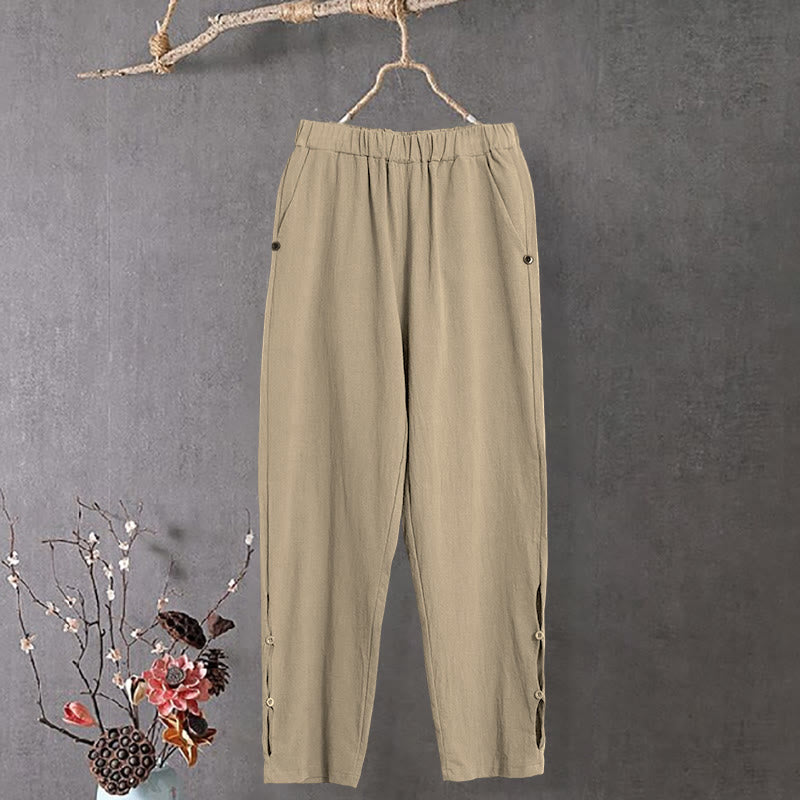 Pantalon décontracté en coton et lin pour femme, couleur pure, Buddha Stones boutons creux et poches - Jaune d'or pâle - US14，UK/AU18，EU46 (3XL) - image 1