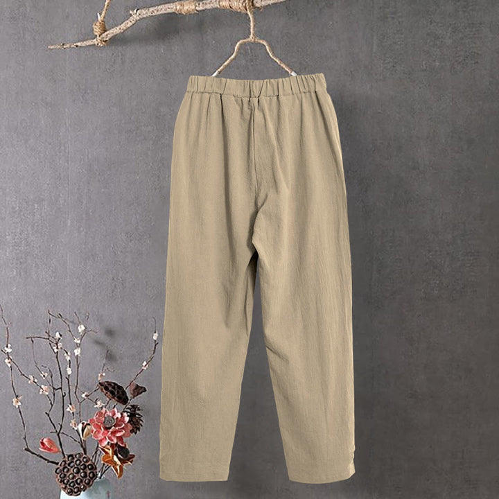 Pantalon décontracté en coton et lin pour femme, couleur pure, Buddha Stones boutons creux et poches