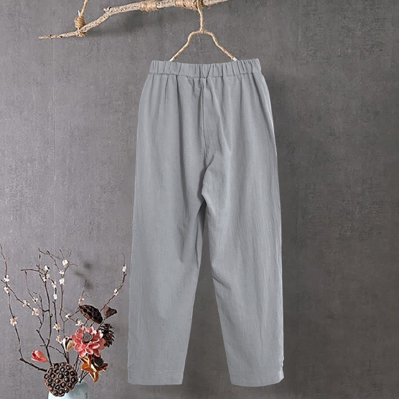 Pantalon décontracté en coton et lin pour femme, couleur pure, Buddha Stones boutons creux et poches