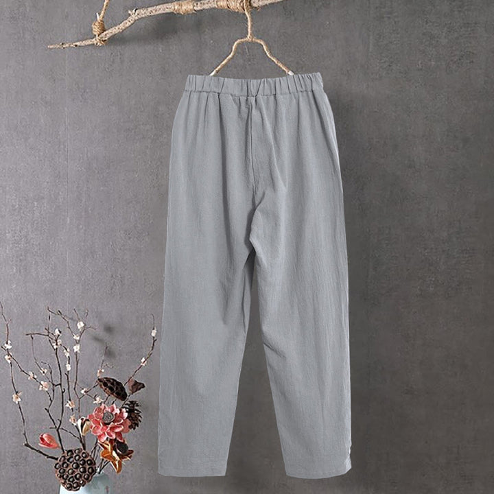 Pantalon décontracté en coton et lin pour femme, couleur pure, Buddha Stones boutons creux et poches