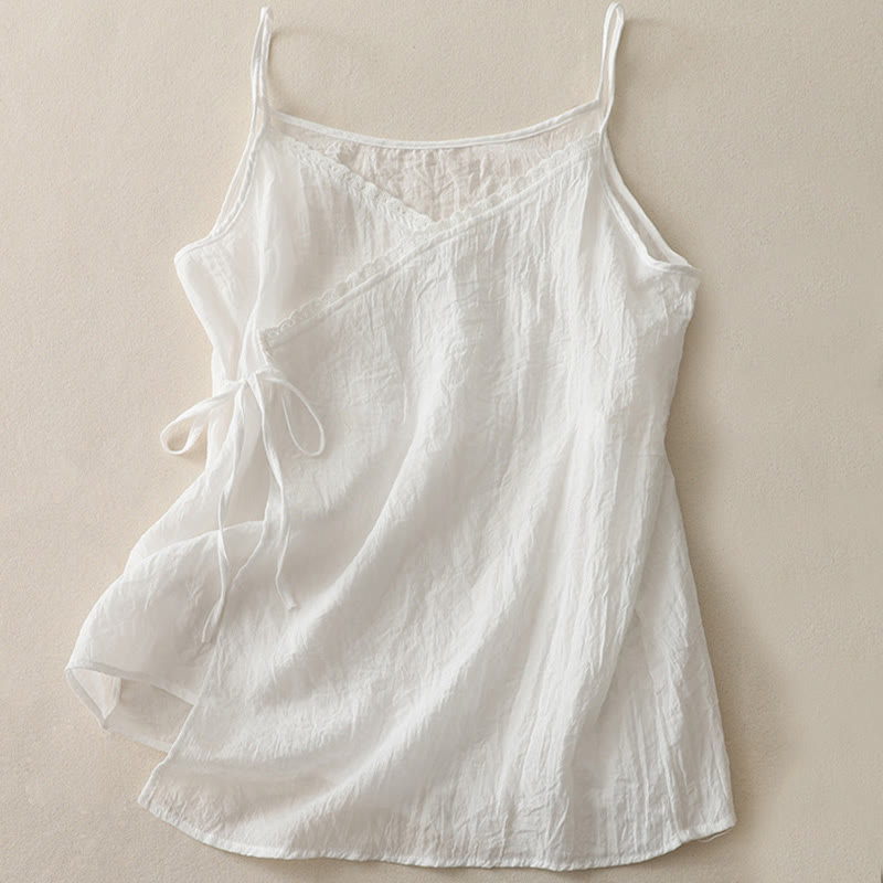 Débardeur vintage sans manches à lacets latéraux et col en V pour femme avec Buddha Stones - Blanc - US12，UK/AU16，EU44 (2XL) - image 4