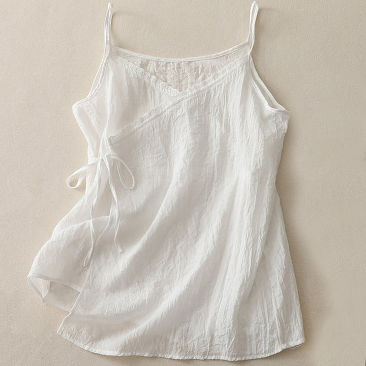 Débardeur vintage sans manches à lacets latéraux et col en V pour femme avec Buddha Stones - Blanc - US12，UK/AU16，EU44 (2XL) - image 4