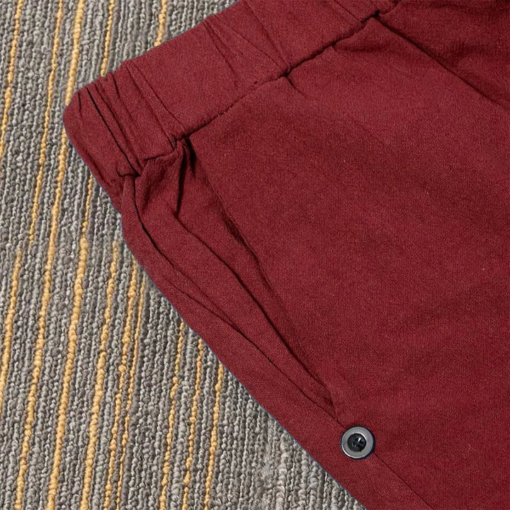 Pantalon décontracté en coton et lin pour femme, couleur pure, Buddha Stones boutons creux et poches