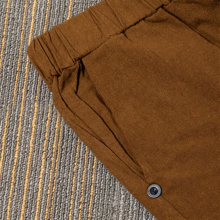 Pantalon décontracté en coton et lin pour femme, couleur pure, Buddha Stones boutons creux et poches