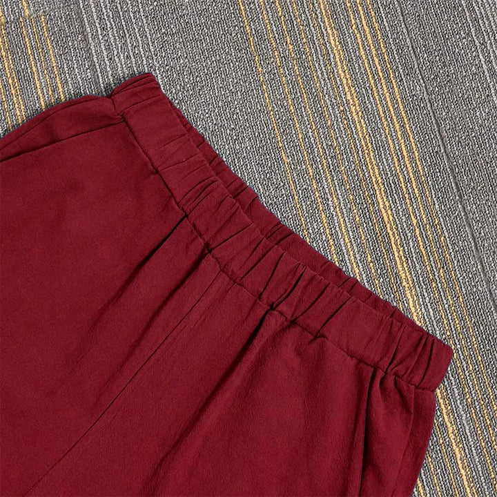 Pantalon décontracté en coton et lin pour femme, couleur pure, Buddha Stones boutons creux et poches