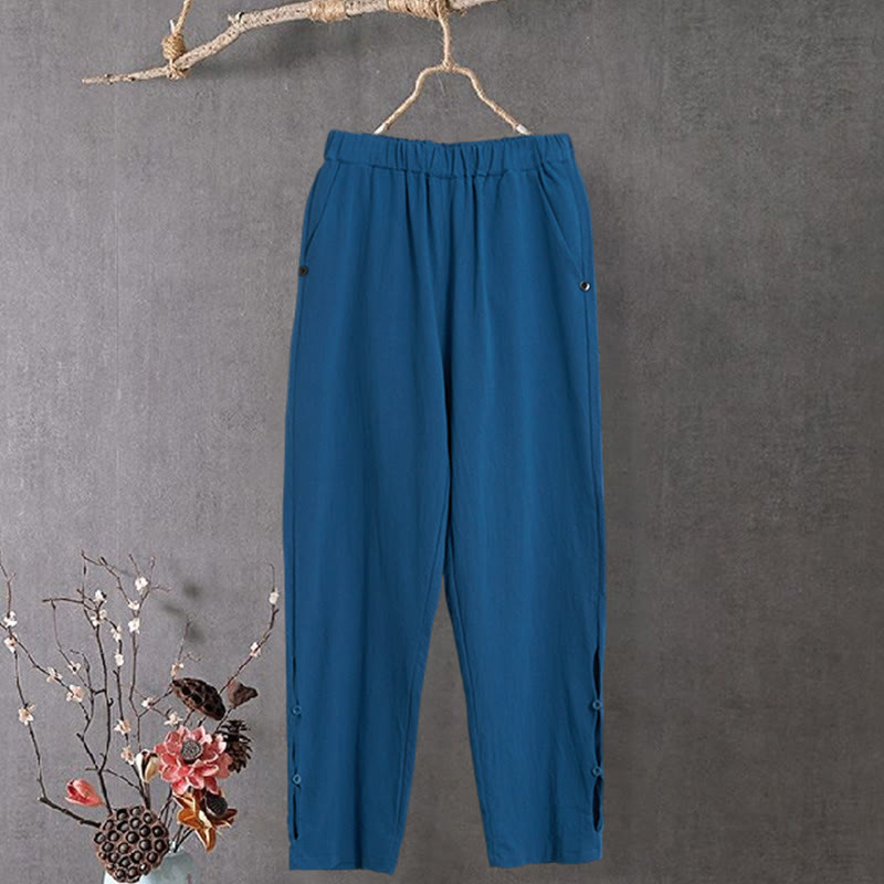 Pantalon décontracté en coton et lin pour femme, couleur pure, Buddha Stones boutons creux et poches