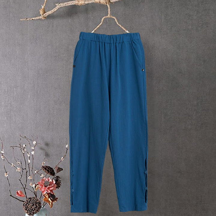 Pantalon décontracté en coton et lin pour femme, couleur pure, Buddha Stones boutons creux et poches