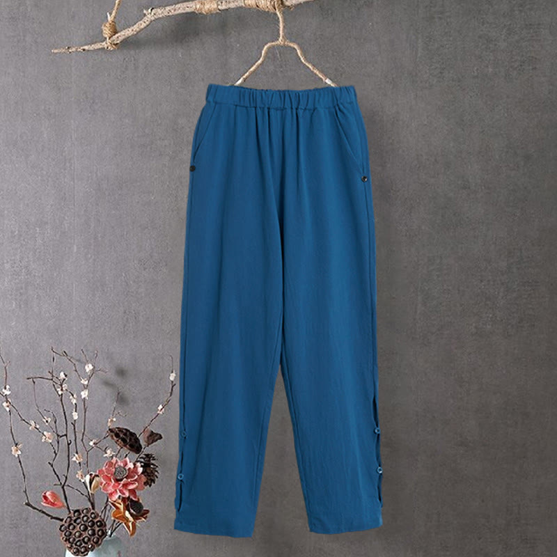 Pantalon décontracté en coton et lin pour femme, couleur pure, Buddha Stones boutons creux et poches