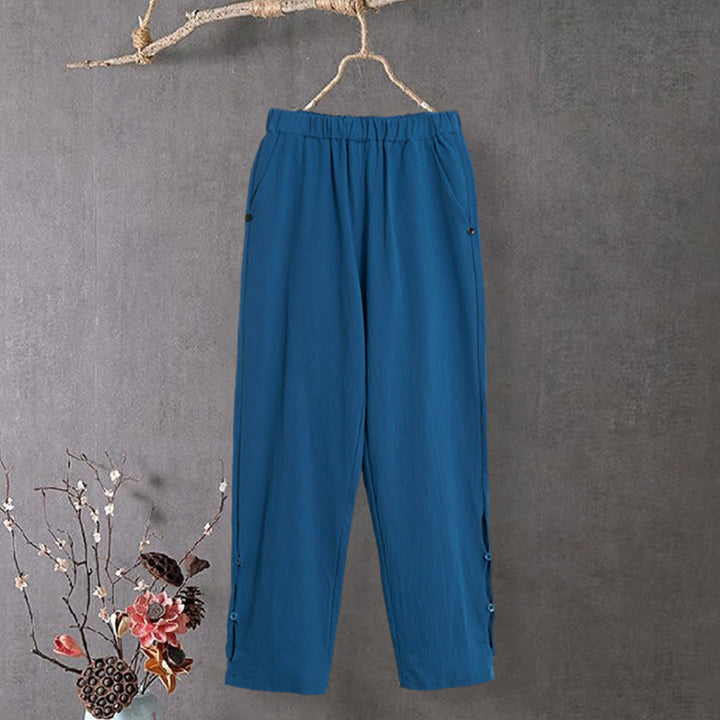 Pantalon décontracté en coton et lin pour femme, couleur pure, Buddha Stones boutons creux et poches