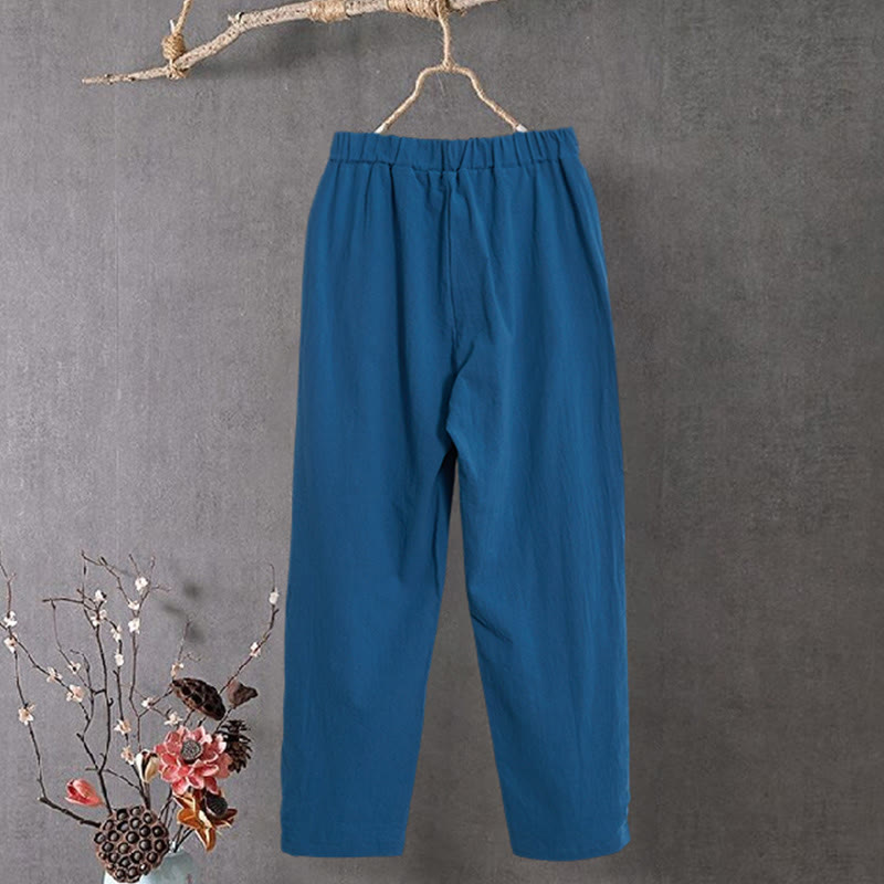 Pantalon décontracté en coton et lin pour femme, couleur pure, Buddha Stones boutons creux et poches
