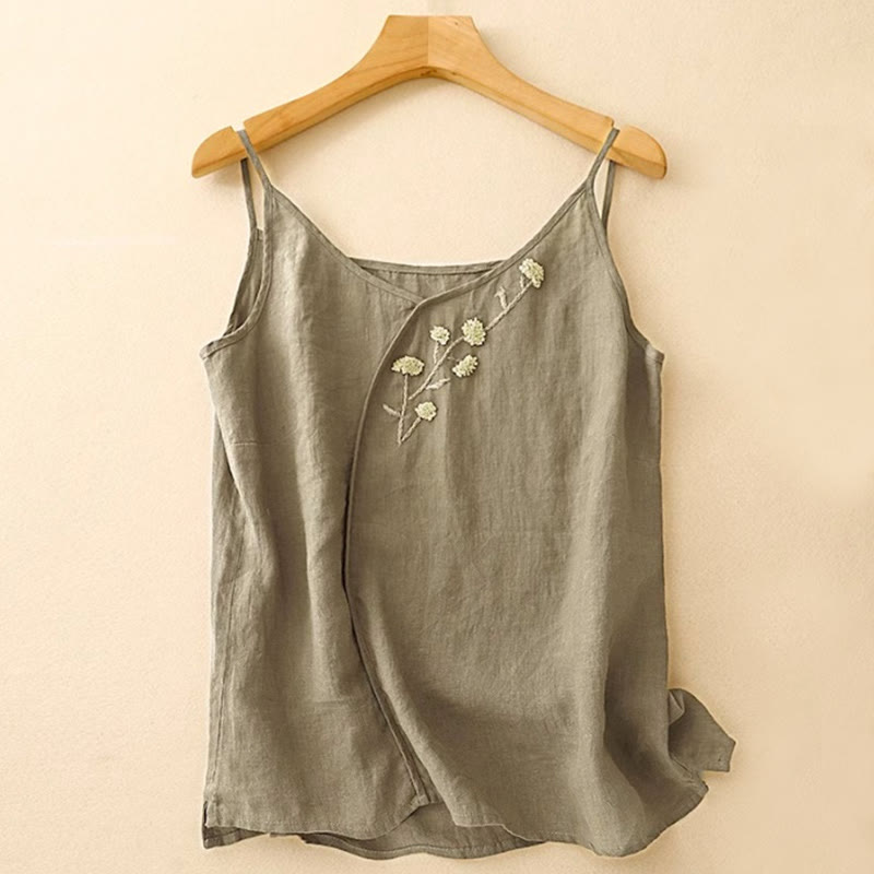 Gilet sans manches en coton et lin pour femme, broderie ethnique asymétrique, motif Buddha Stones - Vert olive foncé - US14，UK/AU18，EU46 (4XL) - image 0