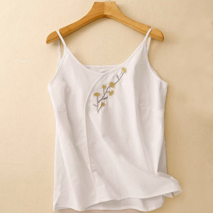 Gilet sans manches en coton et lin pour femme, broderie ethnique asymétrique, motif Buddha Stones - Blanc - US14，UK/AU18，EU46 (4XL) - image 7