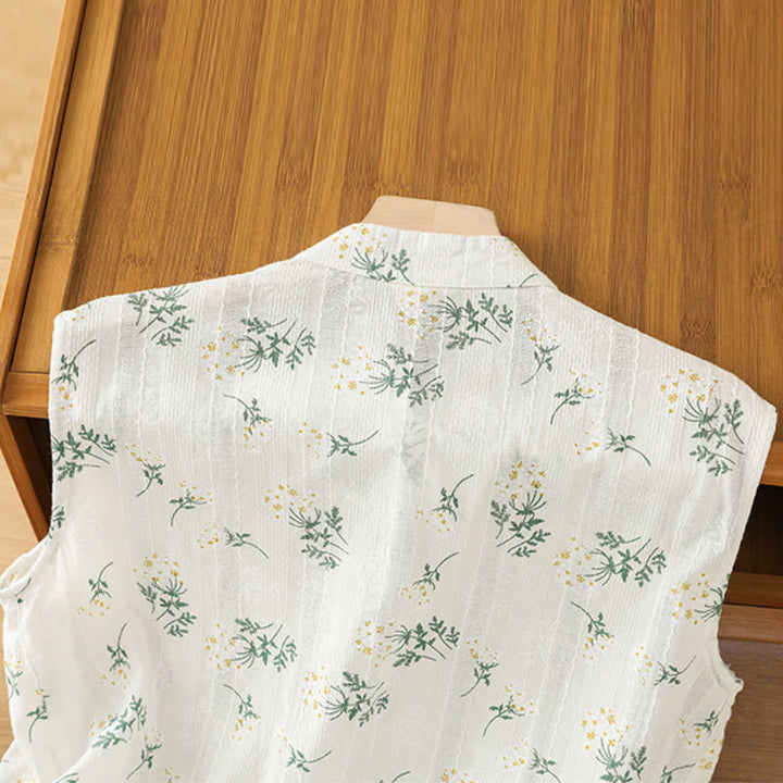 Gilet sans manches en coton pour femme, imprimé rétro de Buddha Stones , motif floral et végétal, motif grenouille chinoise, bouton - image 3