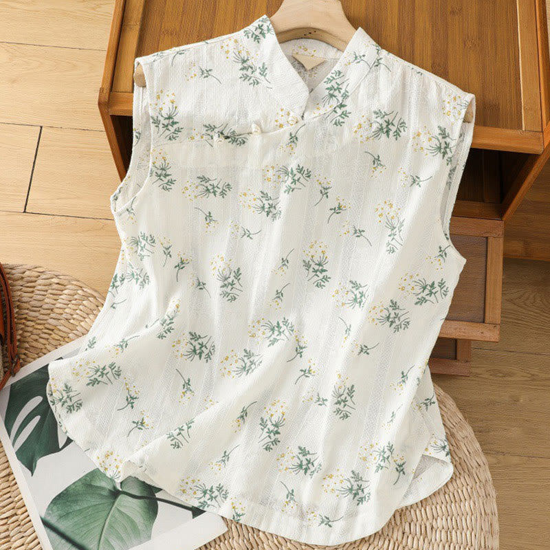 Gilet sans manches en coton pour femme, imprimé rétro de Buddha Stones , motif floral et végétal, motif grenouille chinoise, bouton - Blanc - US8-10，UK/AU12-14，EU40-42 (2XL) - image 0
