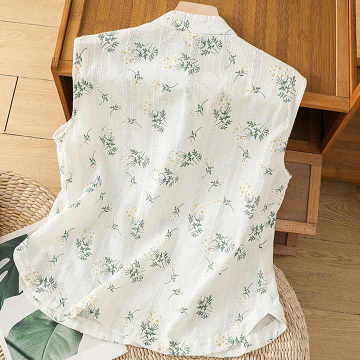 Gilet sans manches en coton pour femme, imprimé rétro de Buddha Stones , motif floral et végétal, motif grenouille chinoise, bouton - image 1