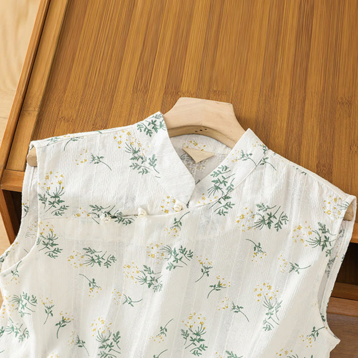 Gilet sans manches en coton pour femme, imprimé rétro de Buddha Stones , motif floral et végétal, motif grenouille chinoise, bouton - image 2