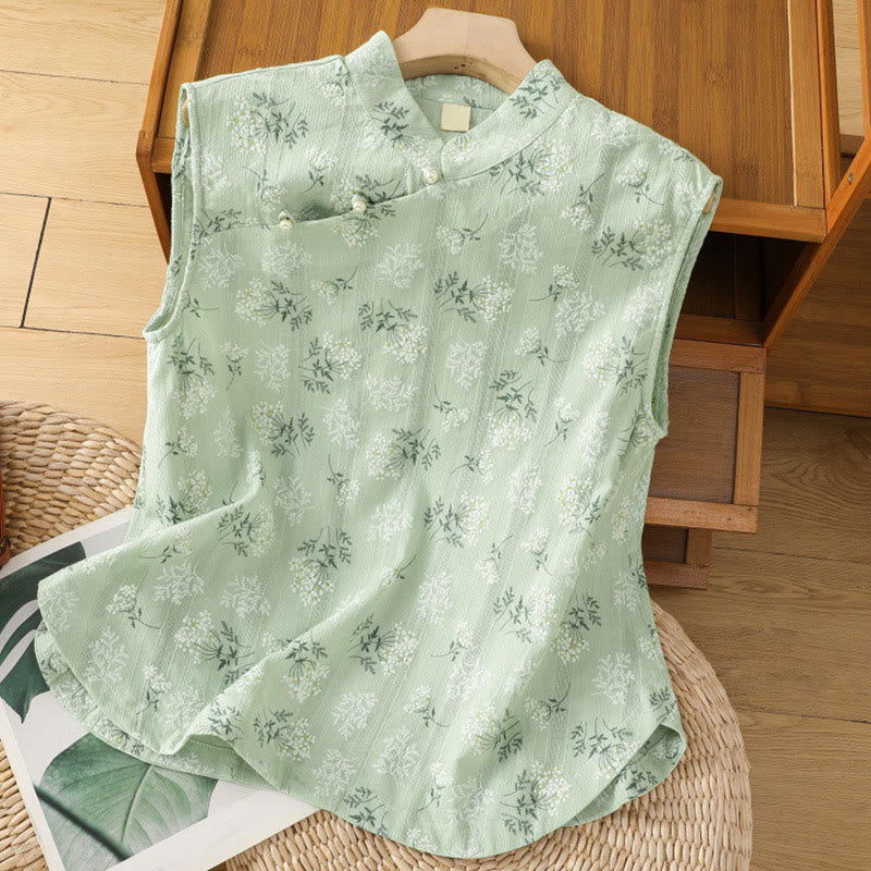 Gilet sans manches en coton pour femme, imprimé rétro de Buddha Stones , motif floral et végétal, motif grenouille chinoise, bouton - Vert pâle - US8-10，UK/AU12-14，EU40-42 (2XL) - image 17