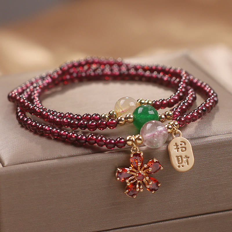 Bracelet multicouche en perles de grenat ultra-fines naturelles de 3 mm, Buddha Stones , fleur de cerisier, attire la fortune et protège