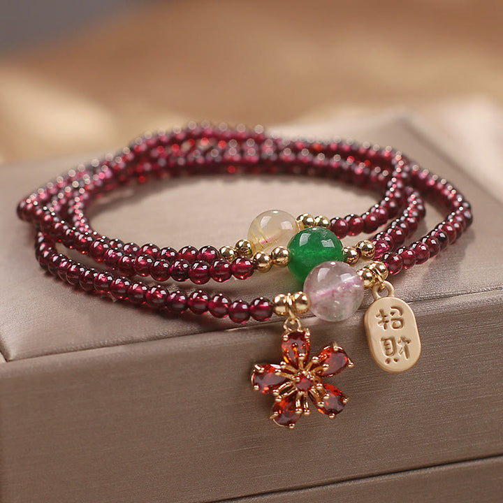 Bracelet multicouche en perles de grenat ultra-fines naturelles de 3 mm, Buddha Stones , fleur de cerisier, attire la fortune et protège