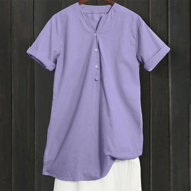 Chemise décontractée à manches courtes et col cranté pour femme avec boutons Buddha Stones - image 1