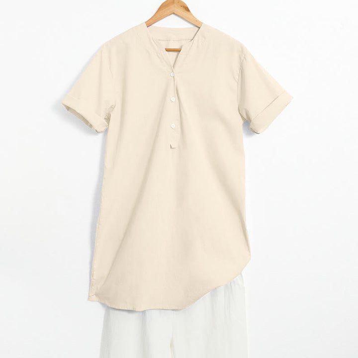 Chemise décontractée à manches courtes et col cranté pour femme avec boutons Buddha Stones - Beige - US20，UK/AU24，EU52 (5XL) - image 40