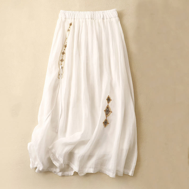 Jupe en coton et lin pour femme, motif Buddha Stones vintage avec broderies et boutons, longueur 7-8 - Blanc - US8-10，UK/AU12-14，EU40-42 (2XL) - image 5