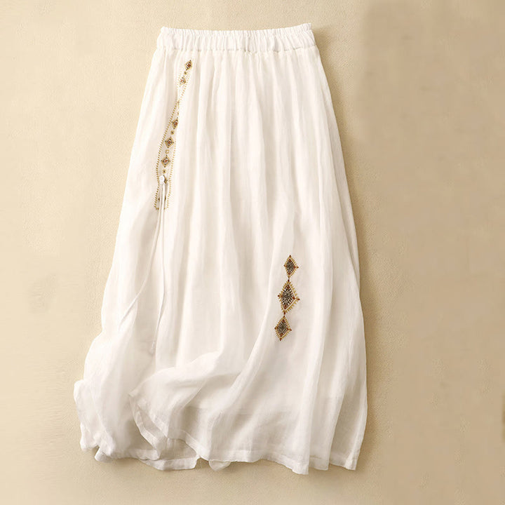 Jupe en coton et lin pour femme, motif Buddha Stones vintage avec broderies et boutons, longueur 7-8 - Blanc - US8-10，UK/AU12-14，EU40-42 (2XL) - image 5