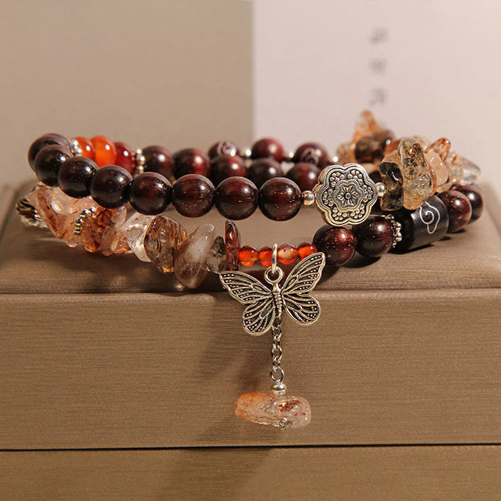 Bracelet à breloques papillon en bois de santal rouge et quartz rutile naturel à petites feuilles