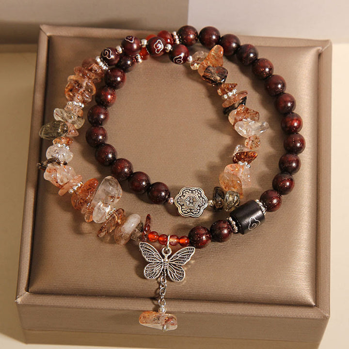 Bracelet à breloques papillon en bois de santal rouge et quartz rutile naturel à petites feuilles