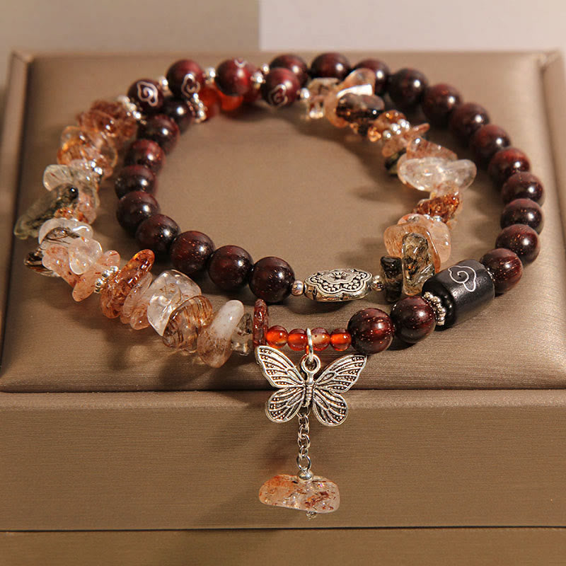 Bracelet à breloques papillon en bois de santal rouge et quartz rutile naturel à petites feuilles