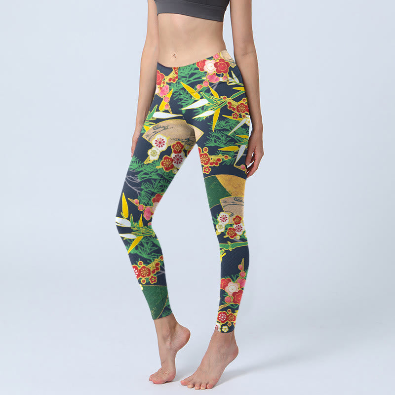 Leggings de sport imprimés Buddha Stones, fleurs rouges, bambou jaune-vert et pins, pantalons de yoga pour femmes - Vert mer moyen - US18，UK/AU22，EU50 (4XL) - image 0