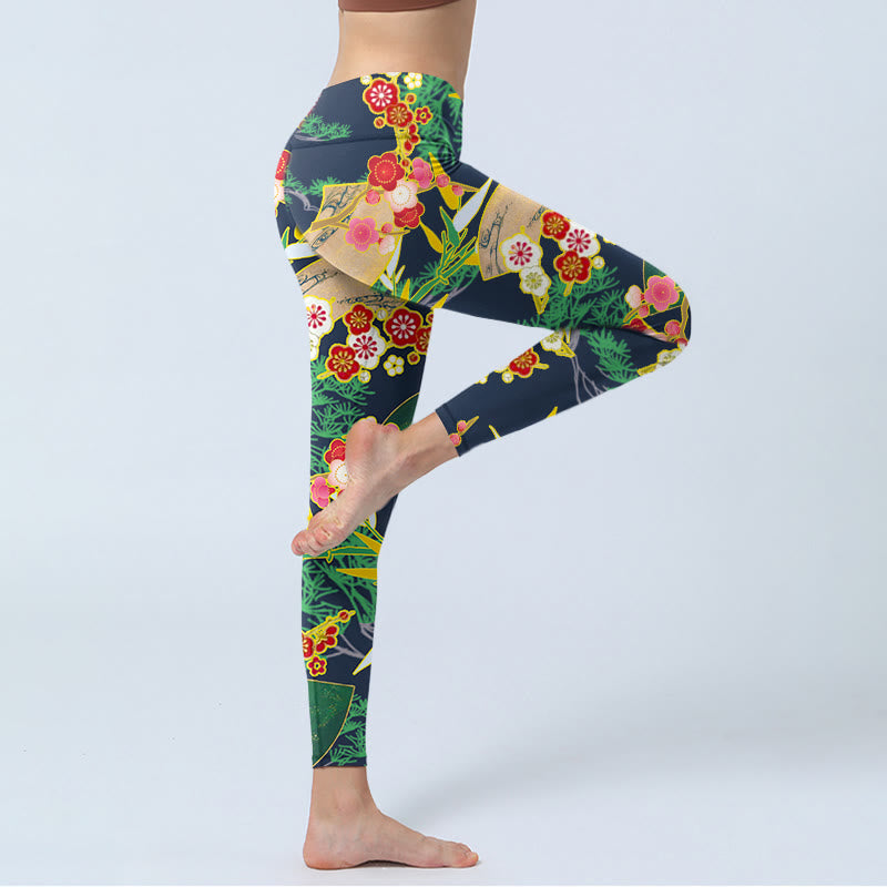 Leggings de sport imprimés Buddha Stones, fleurs rouges, bambou jaune-vert et pins, pantalons de yoga pour femmes - image 3