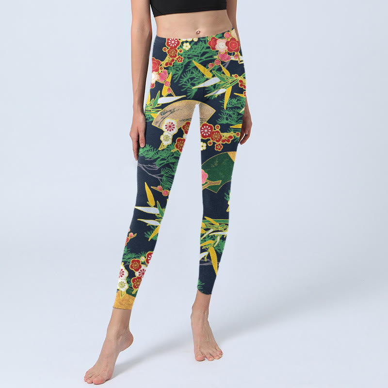Leggings de sport imprimés Buddha Stones, fleurs rouges, bambou jaune-vert et pins, pantalons de yoga pour femmes - image 5