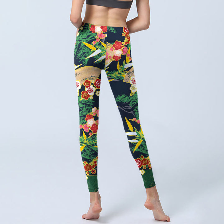 Leggings de sport imprimés Buddha Stones, fleurs rouges, bambou jaune-vert et pins, pantalons de yoga pour femmes - image 7