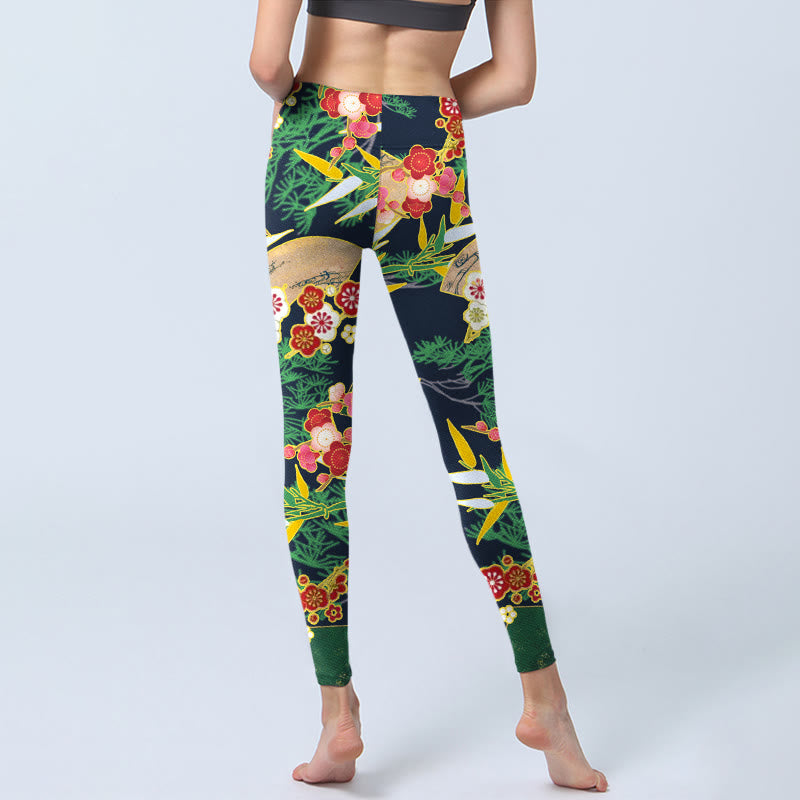 Leggings de sport imprimés Buddha Stones, fleurs rouges, bambou jaune-vert et pins, pantalons de yoga pour femmes - image 6